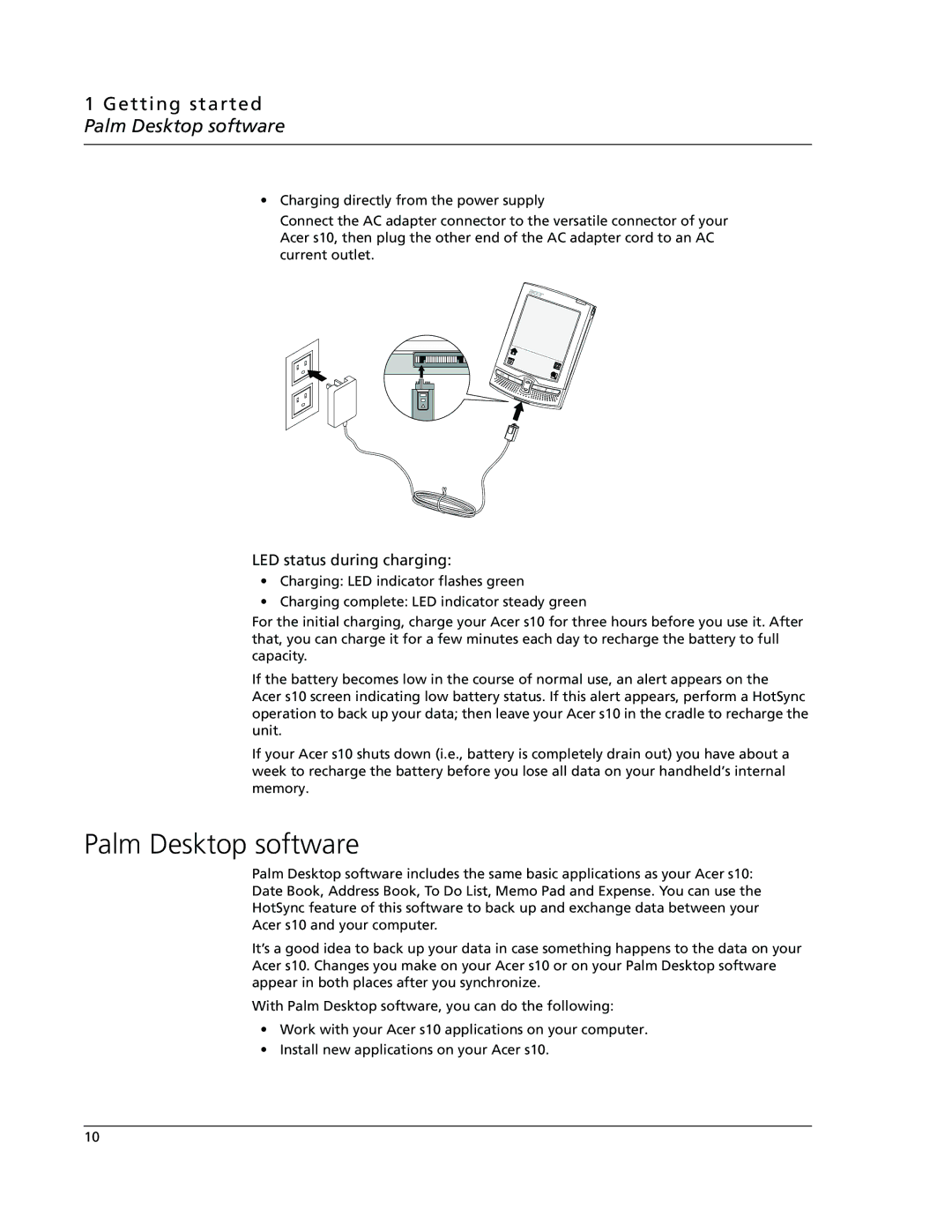 Acer s10 manual Getting started Palm Desktop software, LED status during charging 