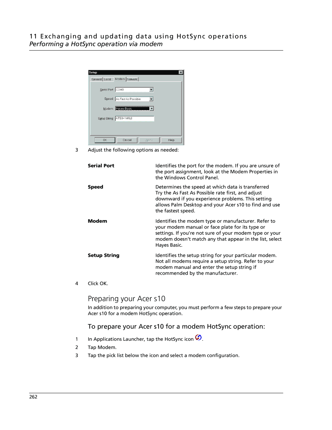 Acer manual Preparing your Acer s10, To prepare your Acer s10 for a modem HotSync operation, Modem, Setup String 