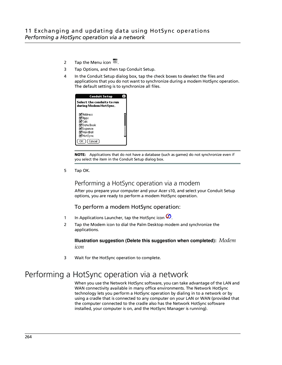 Acer s10 manual Performing a HotSync operation via a network, Performing a HotSync operation via a modem 