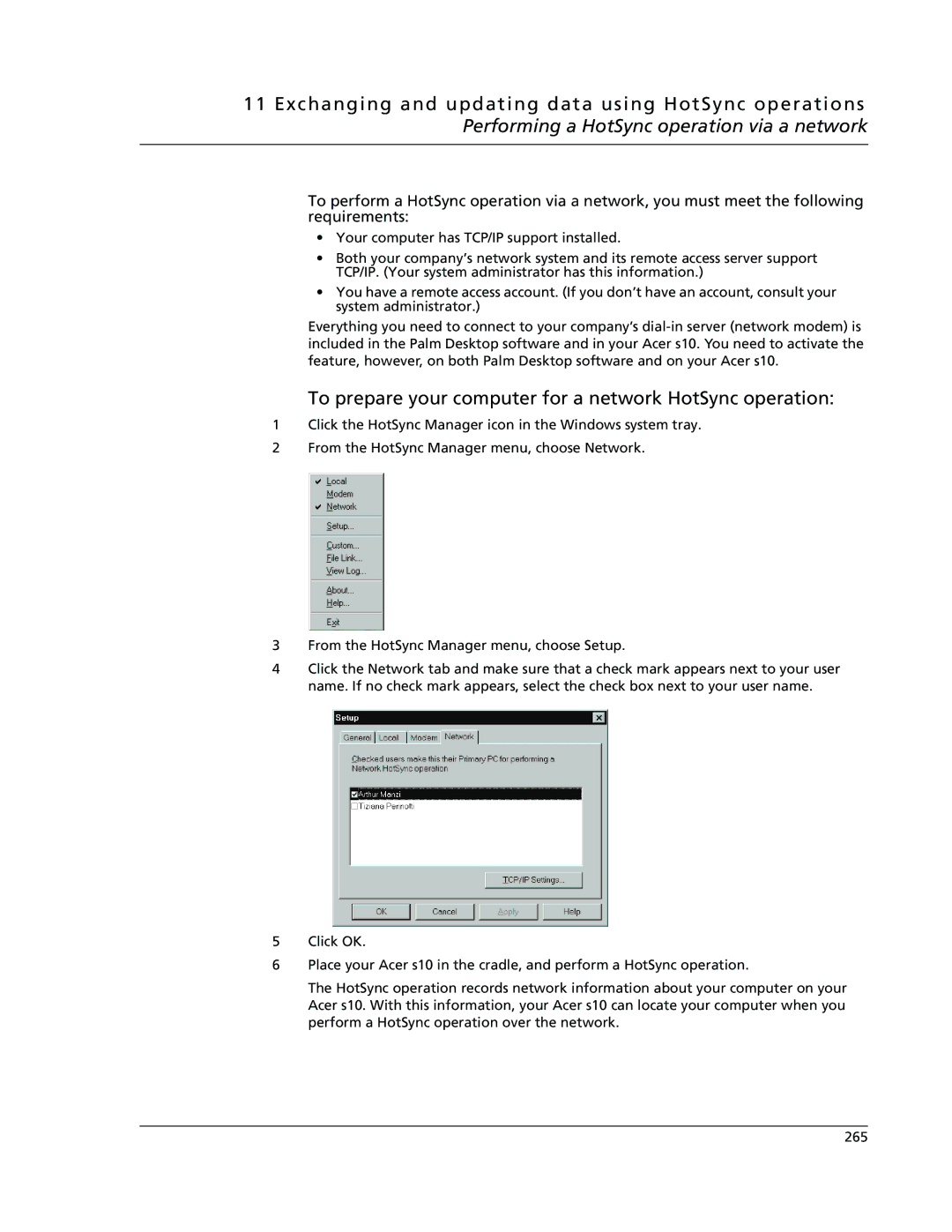 Acer s10 manual To prepare your computer for a network HotSync operation 