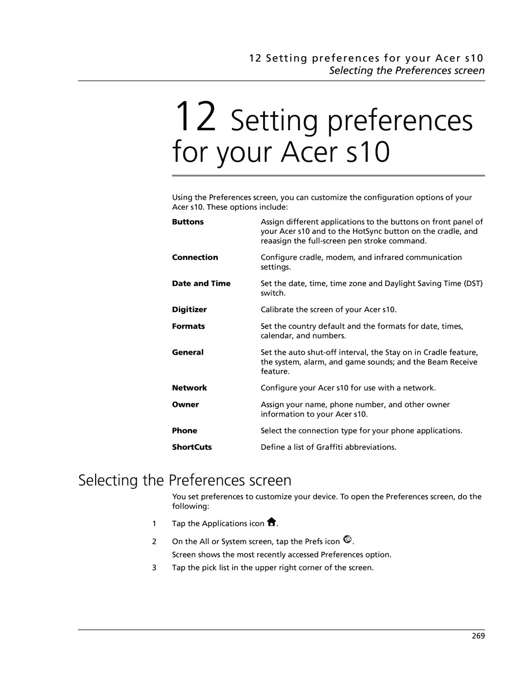 Acer s10 manual Selecting the Preferences screen 