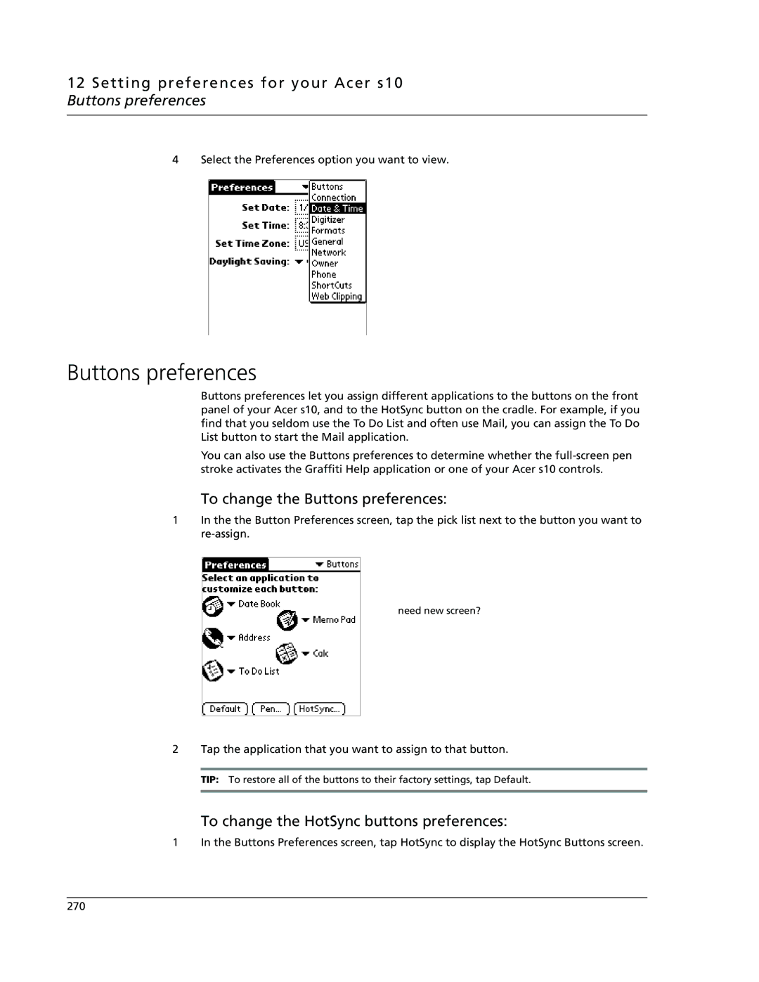 Acer manual Setting preferences for your Acer s10 Buttons preferences, To change the Buttons preferences 