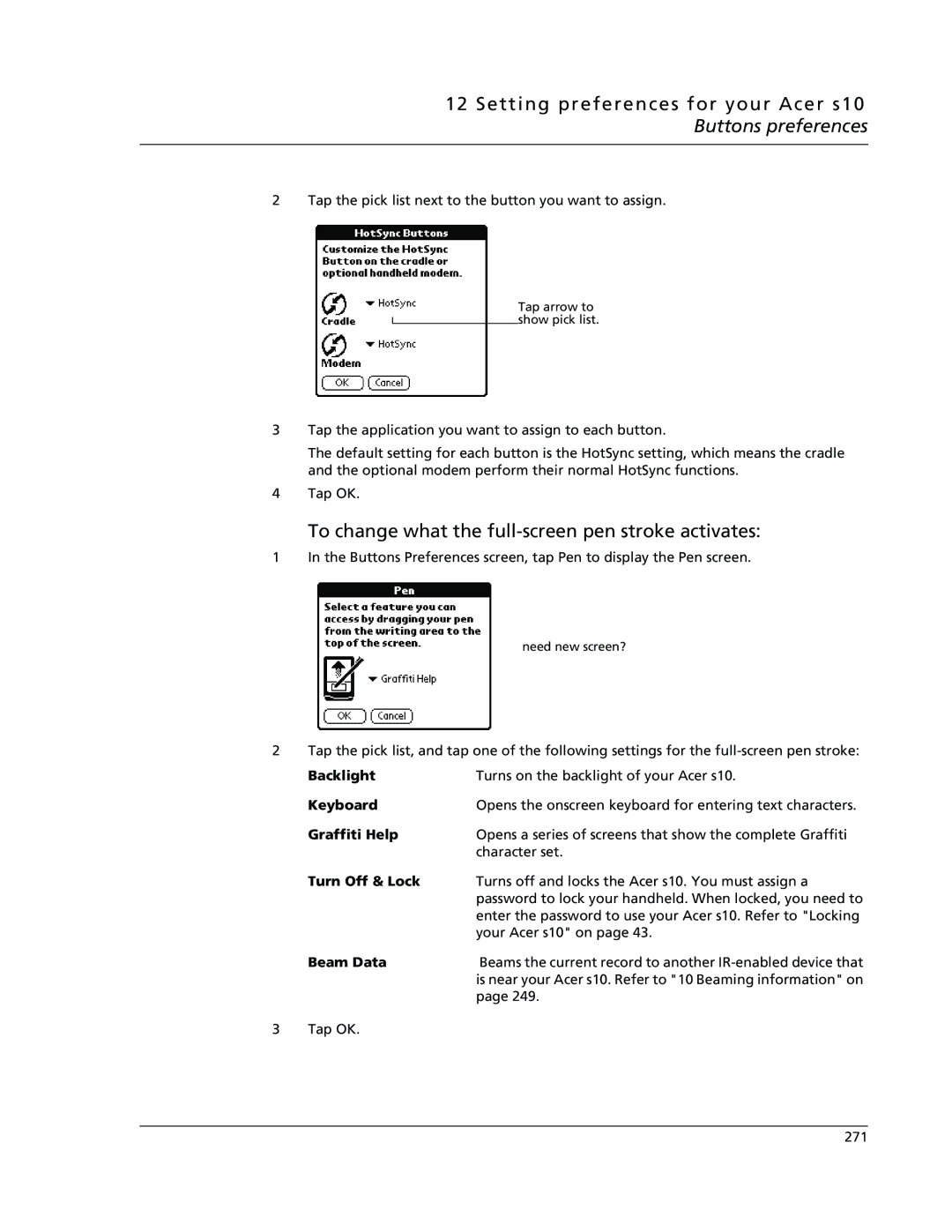 Acer s10 manual To change what the full-screen pen stroke activates, Backlight, Turn Off & Lock, Beam Data 