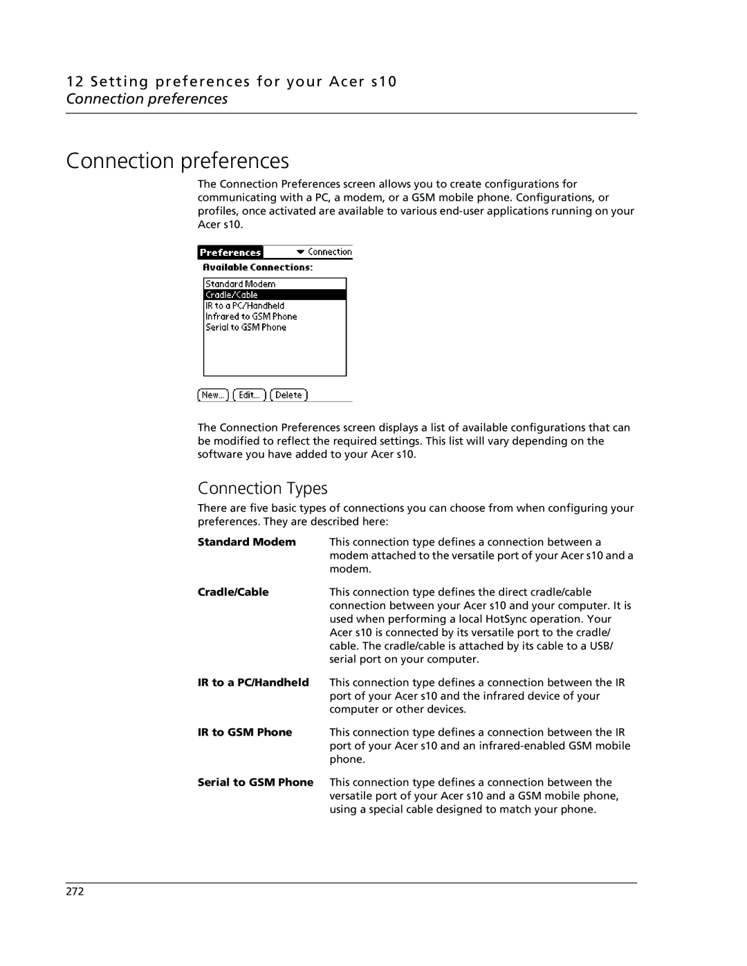 Acer s10 manual Connection preferences, Connection Types 