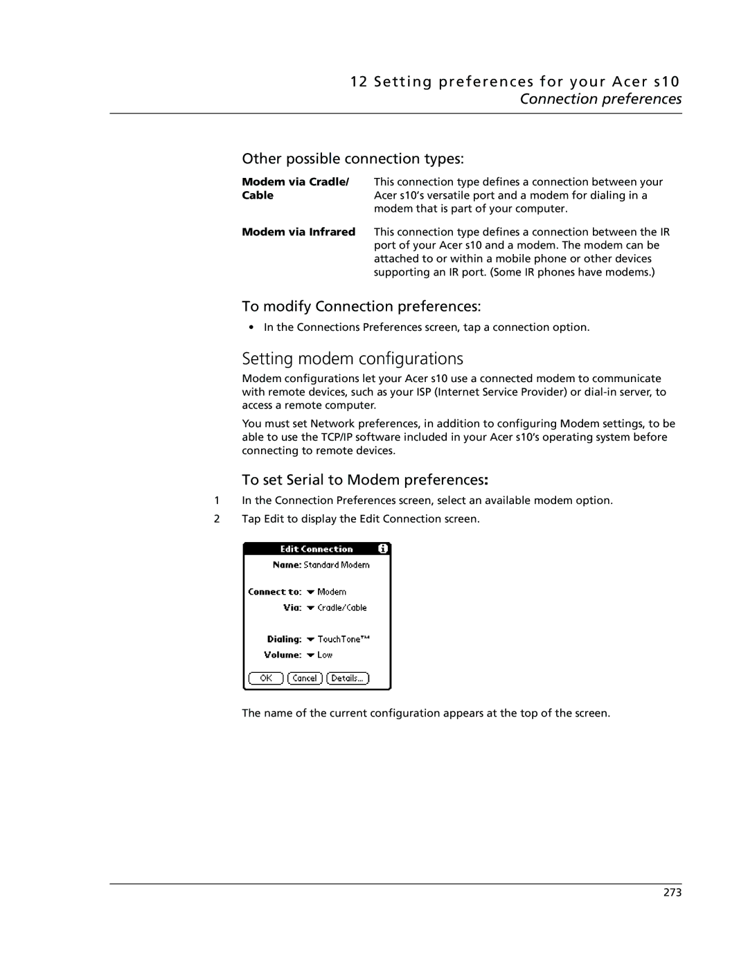 Acer s10 manual Setting modem configurations, To modify Connection preferences, To set Serial to Modem preferences 