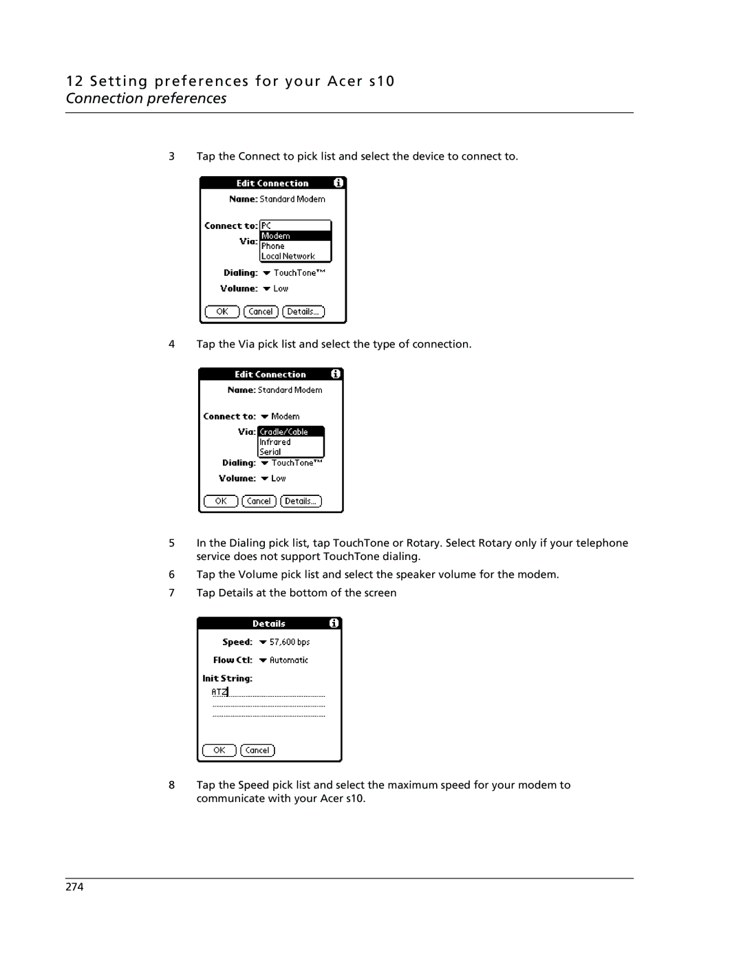 Acer manual Setting preferences for your Acer s10 Connection preferences 