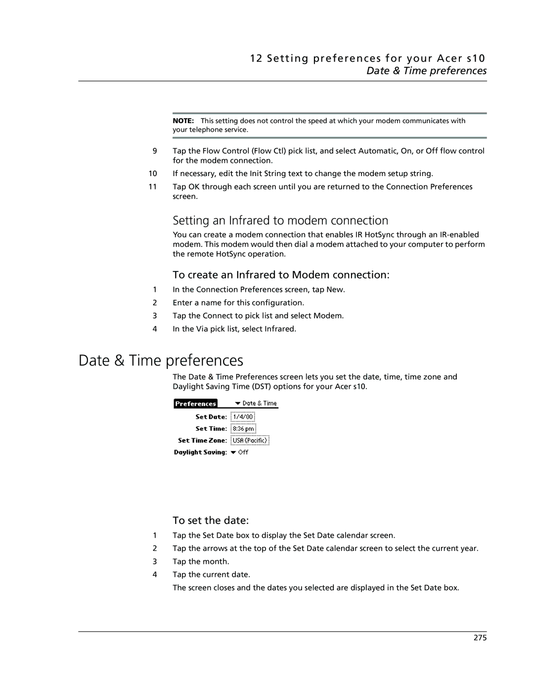 Acer s10 manual Date & Time preferences, Setting an Infrared to modem connection, To create an Infrared to Modem connection 