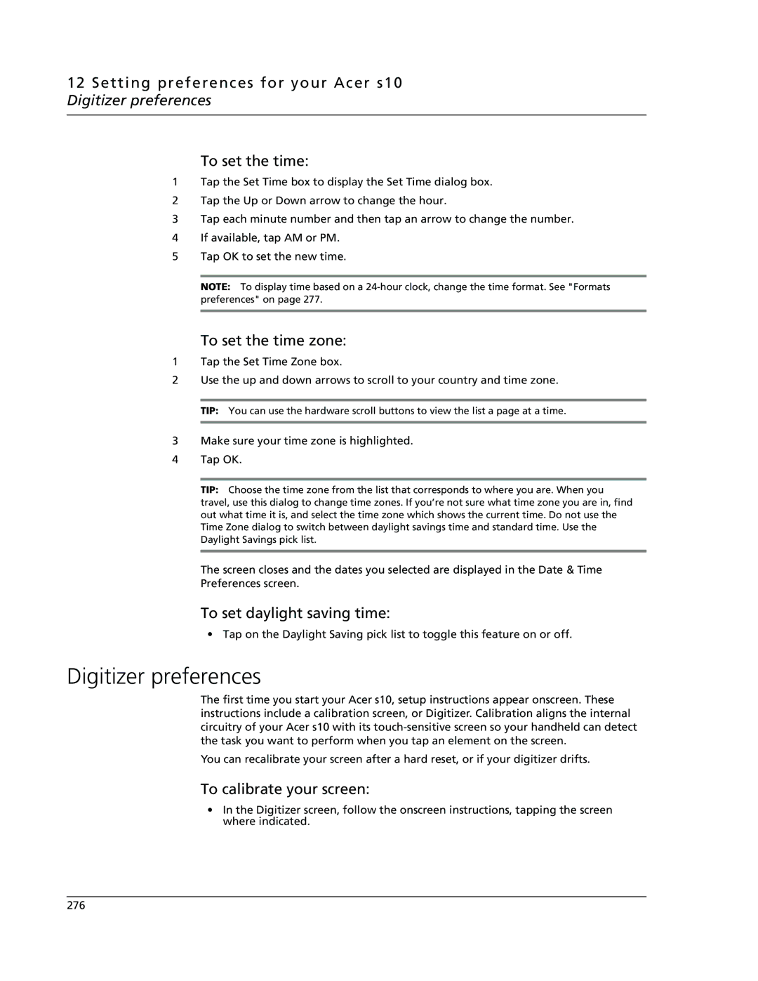 Acer s10 manual Digitizer preferences, To set the time zone, To set daylight saving time, To calibrate your screen 