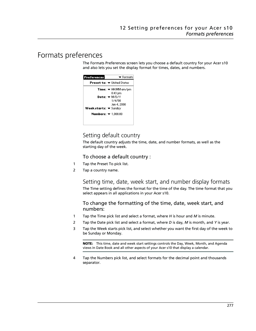 Acer s10 manual Formats preferences, Setting default country, Setting time, date, week start, and number display formats 