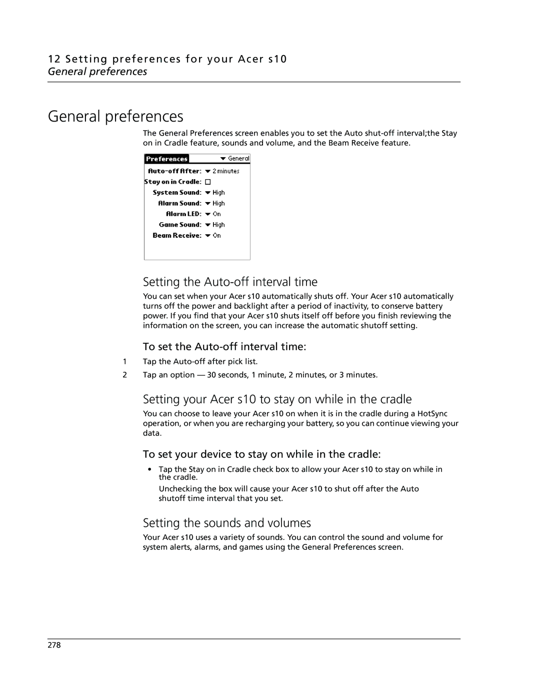 Acer General preferences, Setting the Auto-off interval time, Setting your Acer s10 to stay on while in the cradle 