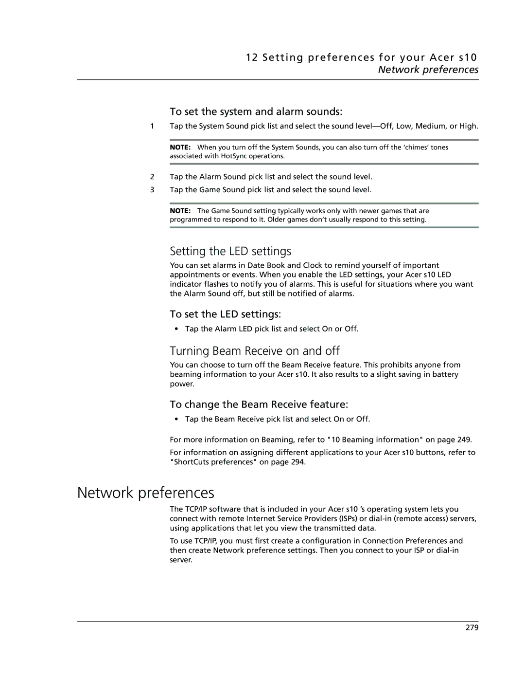 Acer s10 manual Network preferences, Setting the LED settings, Turning Beam Receive on and off, To set the LED settings 