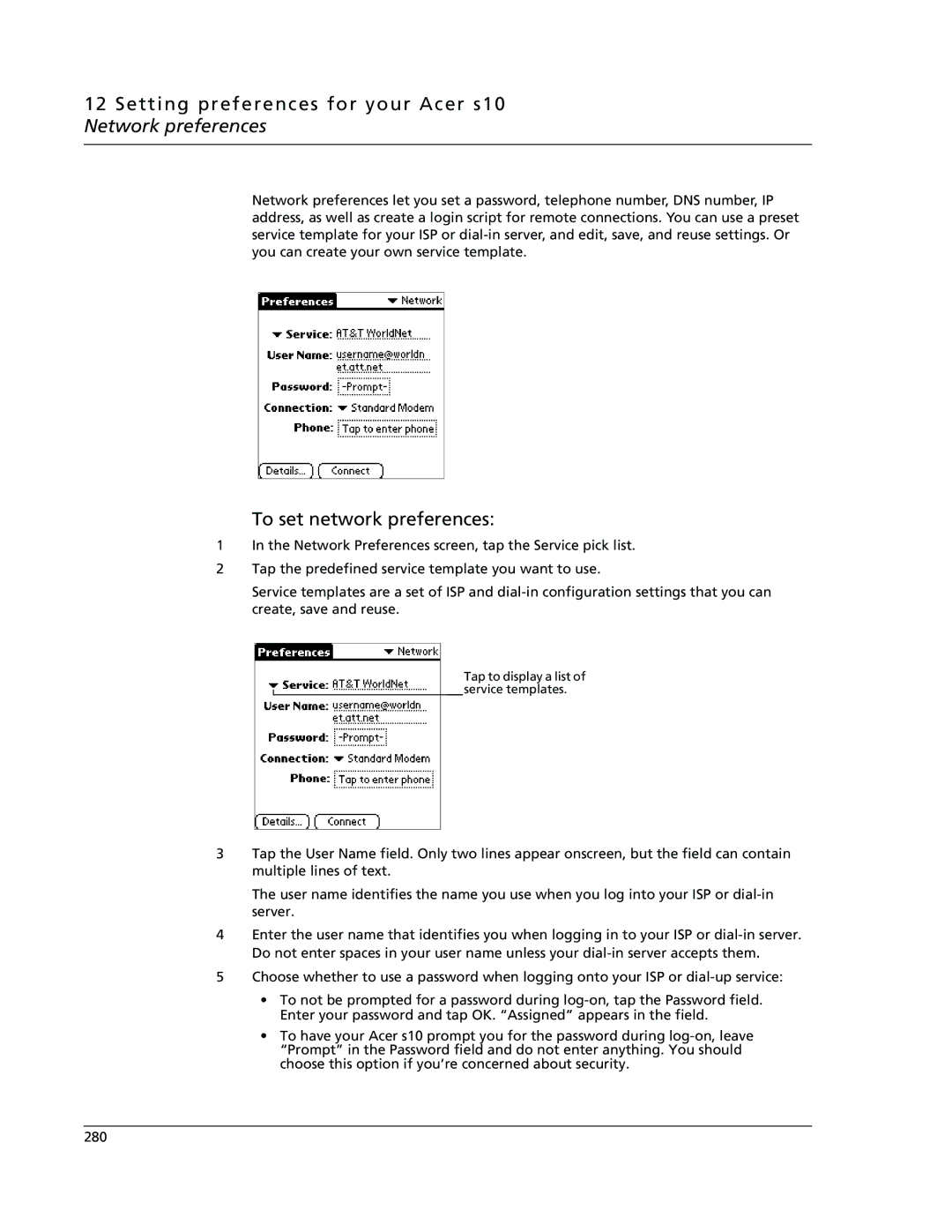 Acer manual Setting preferences for your Acer s10 Network preferences, To set network preferences 