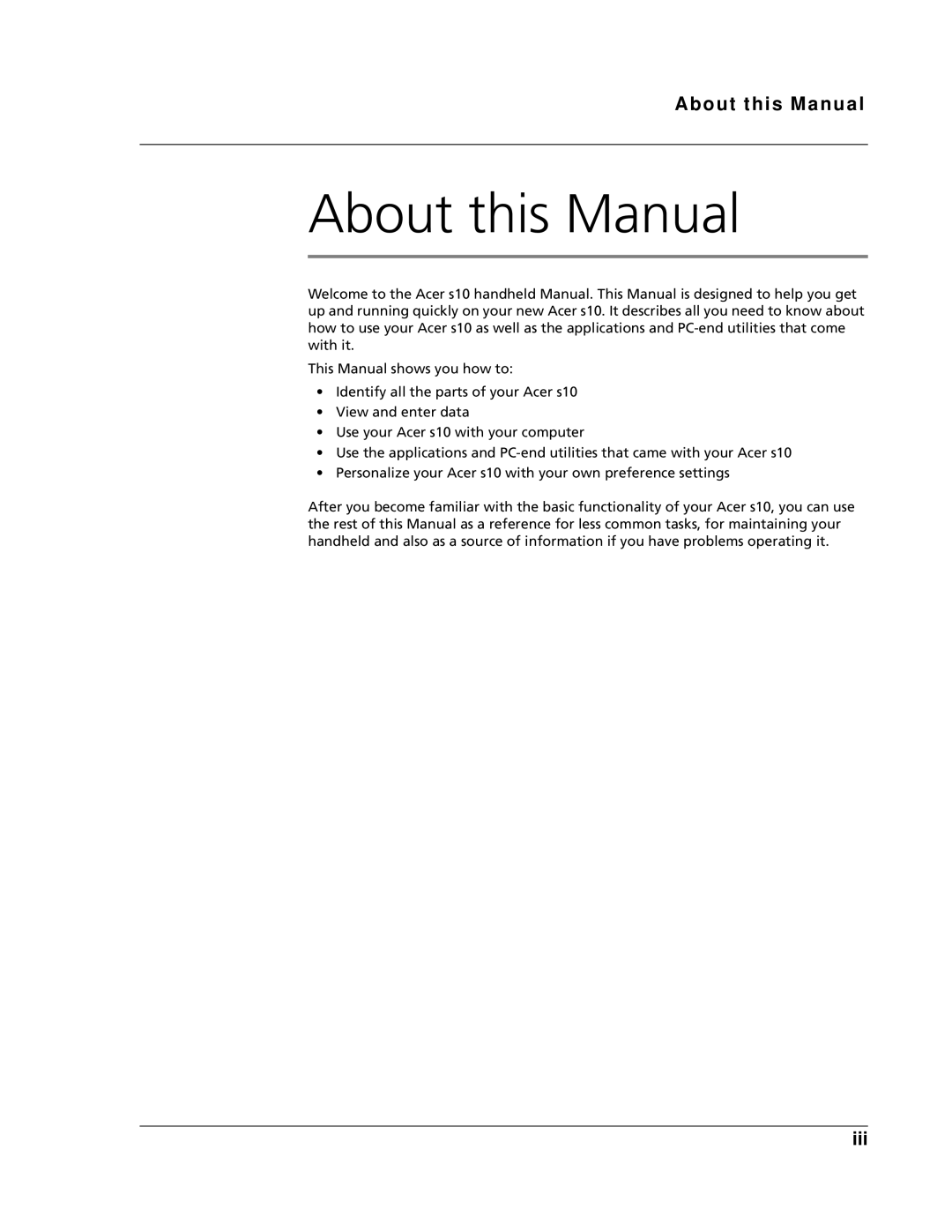 Acer s10 manual About this Manual 