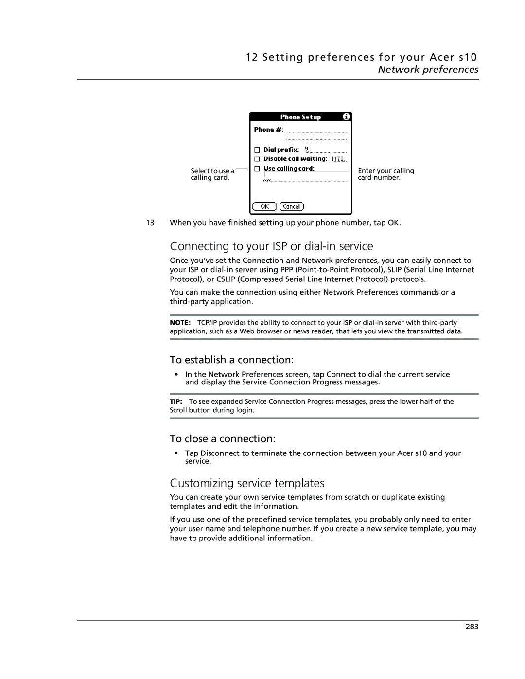 Acer s10 manual Connecting to your ISP or dial-in service, Customizing service templates, To establish a connection 