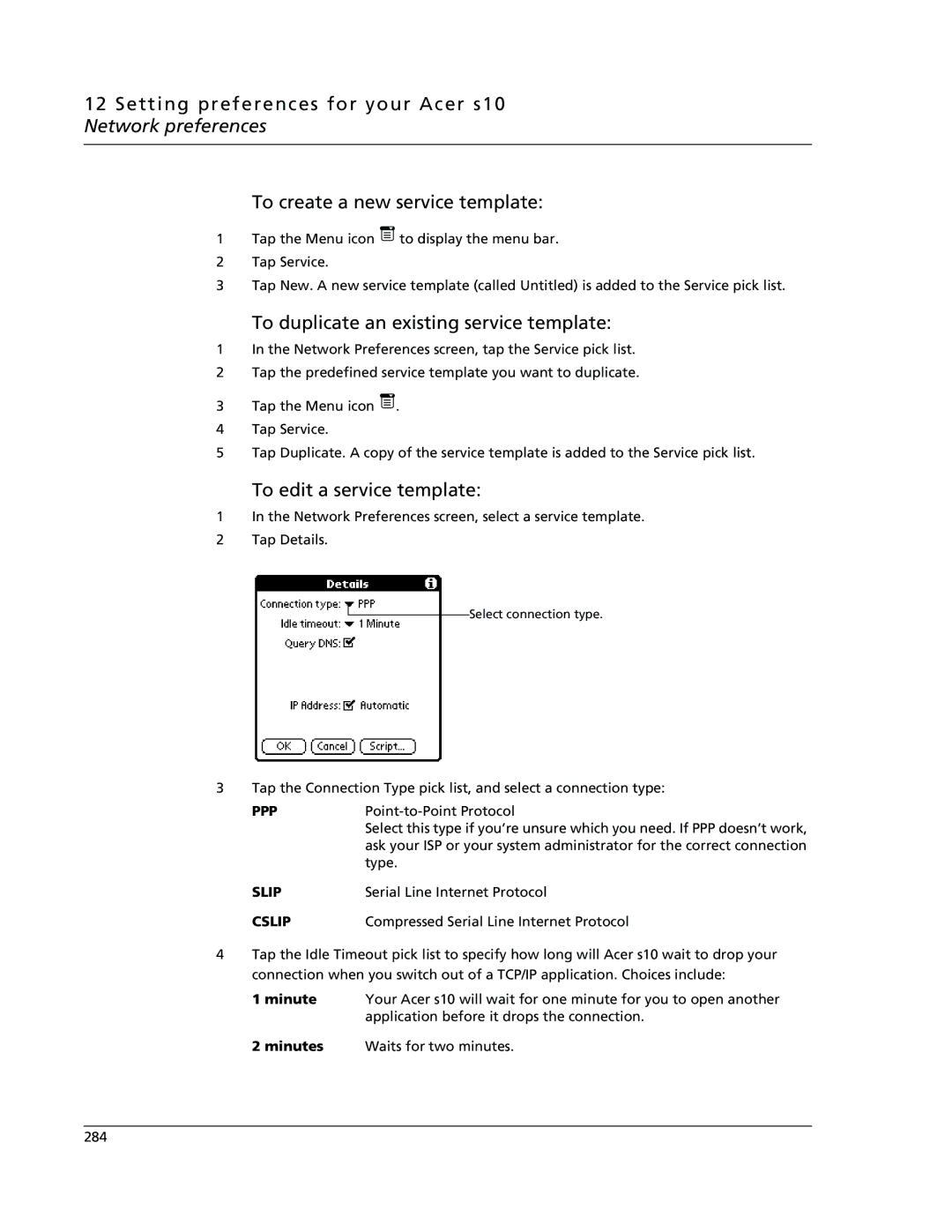 Acer s10 manual To duplicate an existing service template, To edit a service template, Serial Line Internet Protocol 