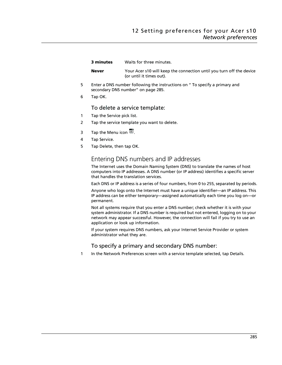 Acer s10 manual Entering DNS numbers and IP addresses, To delete a service template 