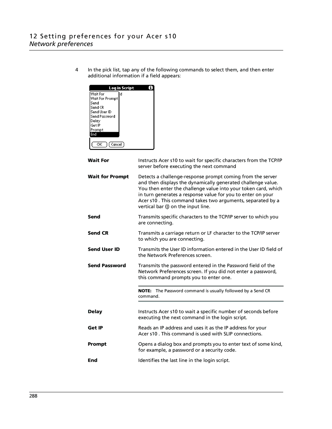 Acer s10 manual Wait For, Wait for Prompt, Send CR, Send User ID, Send Password, Delay, Get IP, End 