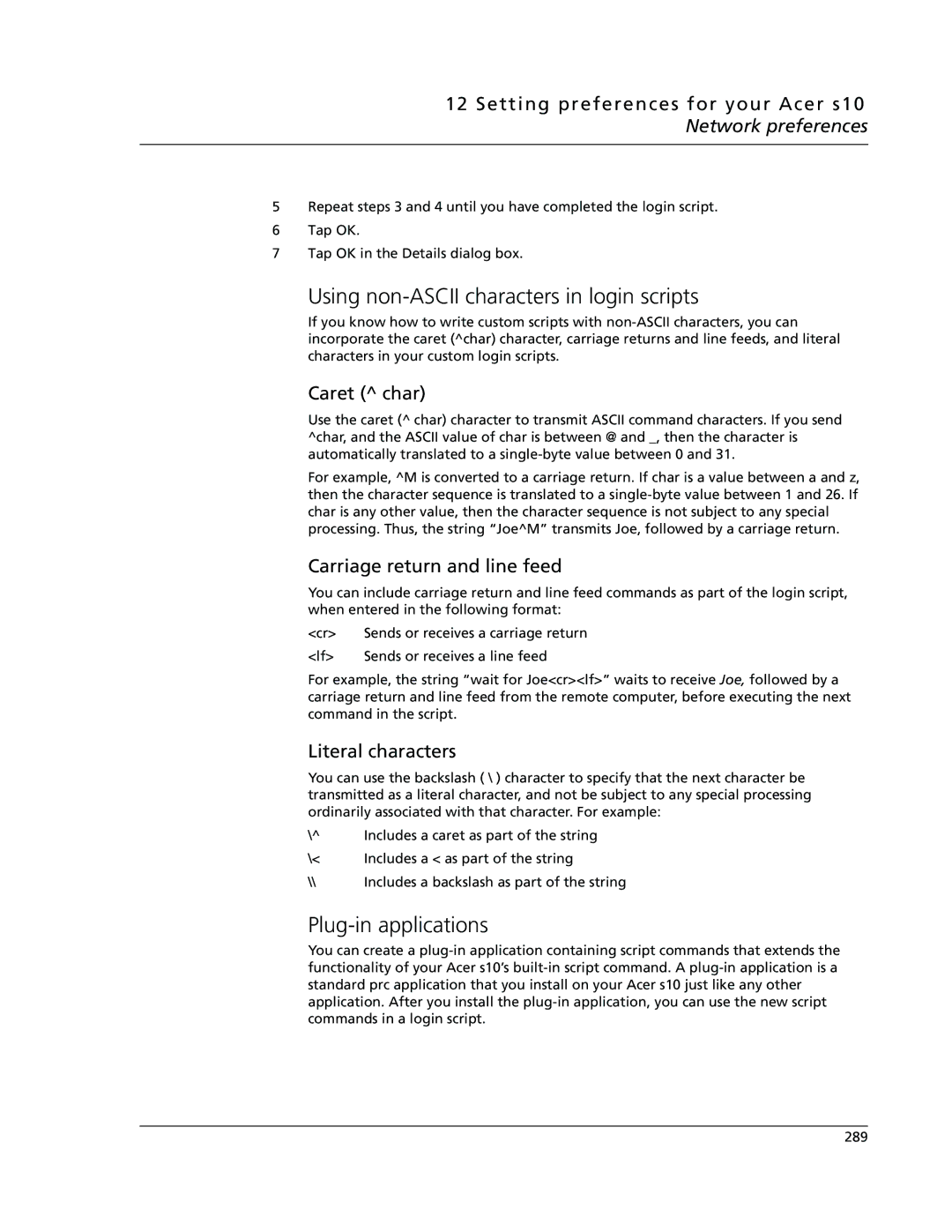 Acer s10 Using non-ASCII characters in login scripts, Plug-in applications, Caret char, Carriage return and line feed 