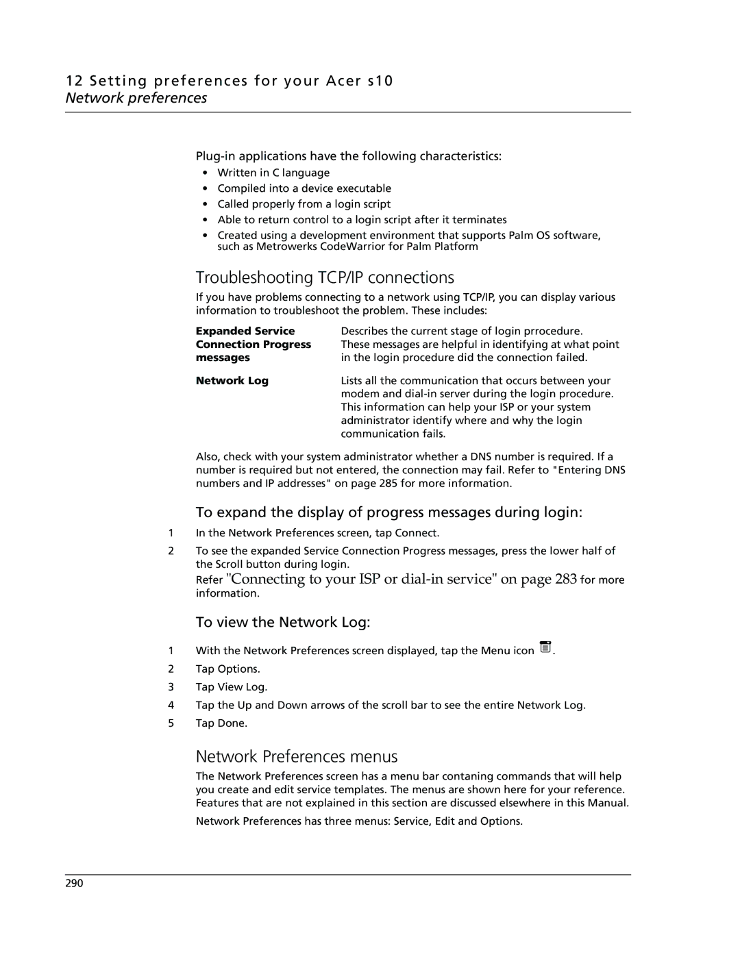 Acer s10 manual Troubleshooting TCP/IP connections, Network Preferences menus, To view the Network Log 