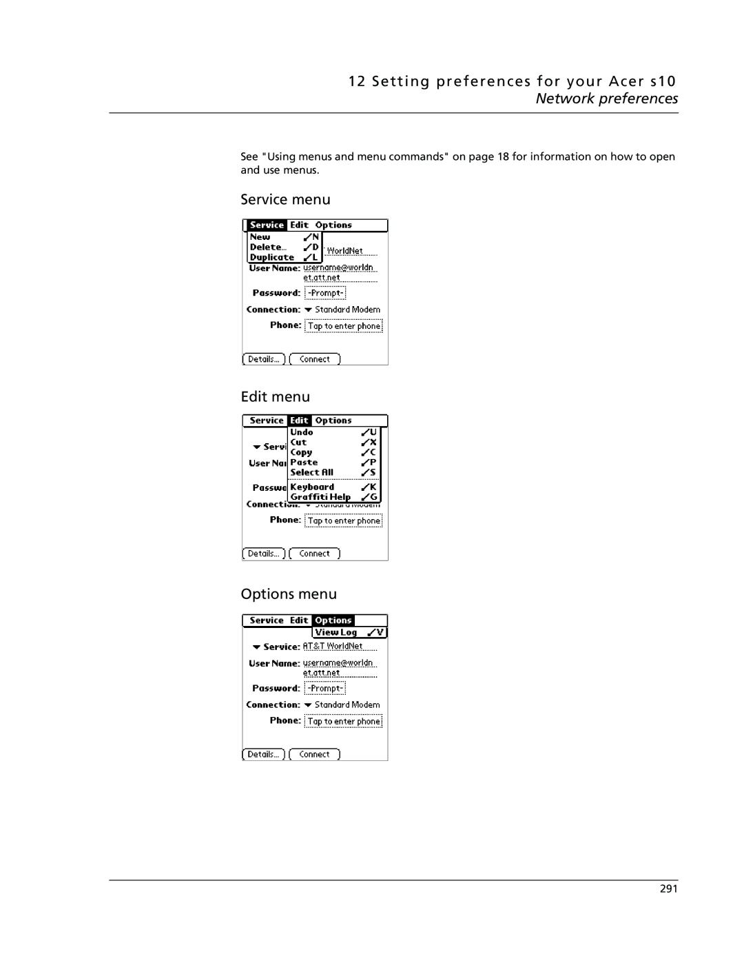 Acer s10 manual Service menu Edit menu Options menu 