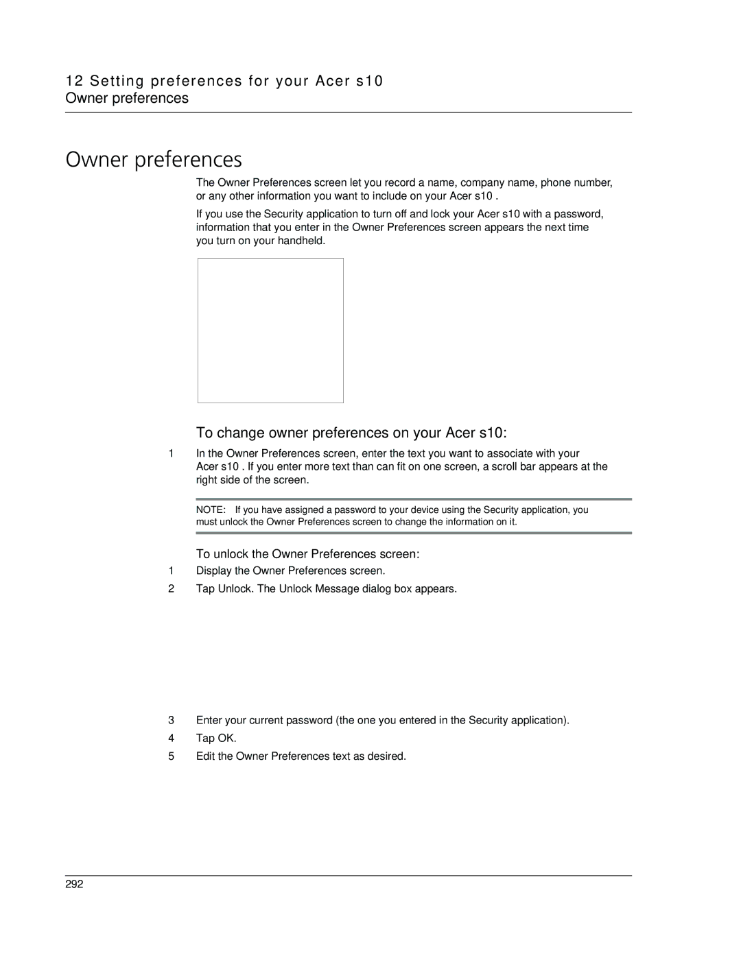 Acer manual Setting preferences for your Acer s10 Owner preferences, To change owner preferences on your Acer s10 