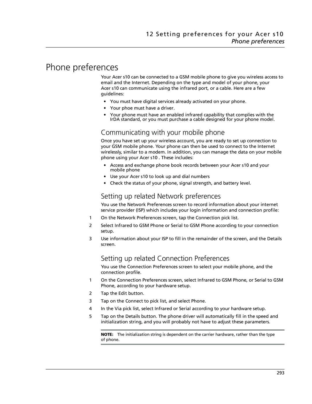 Acer s10 manual Phone preferences, Communicating with your mobile phone, Setting up related Network preferences 