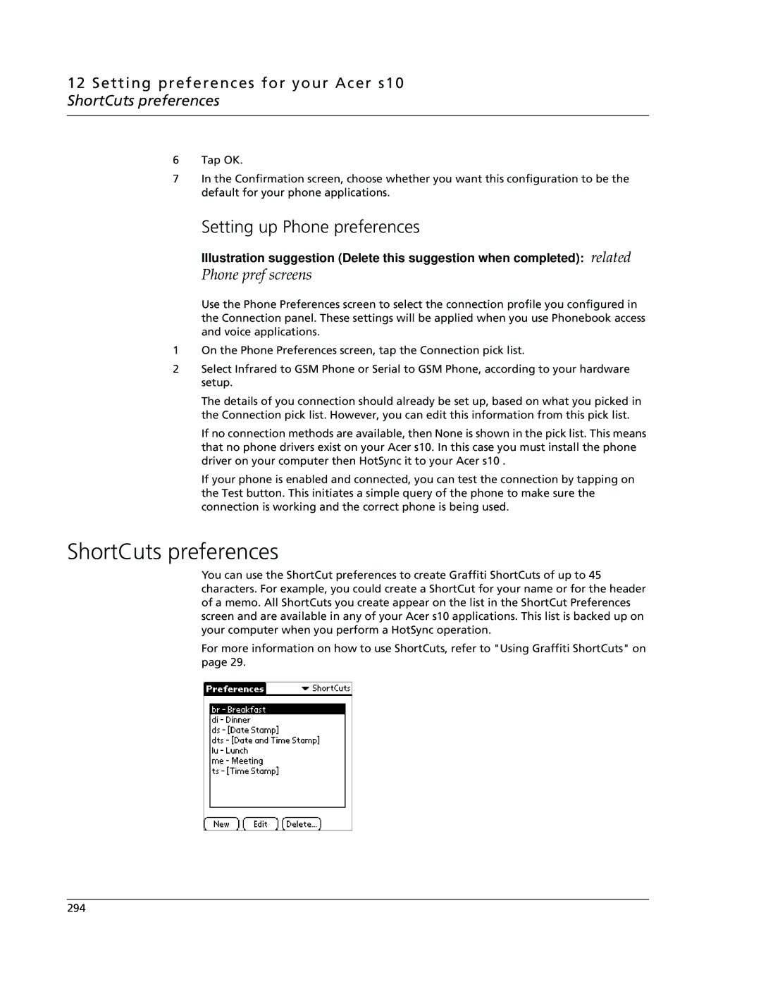 Acer manual Setting up Phone preferences, Setting preferences for your Acer s10 ShortCuts preferences 