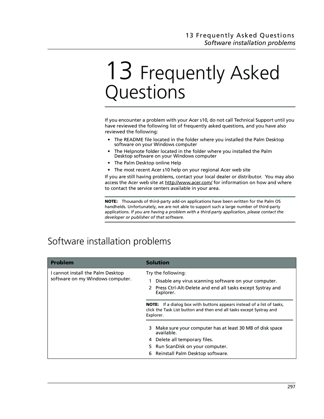 Acer s10 manual Software installation problems, Frequently Asked Questions 