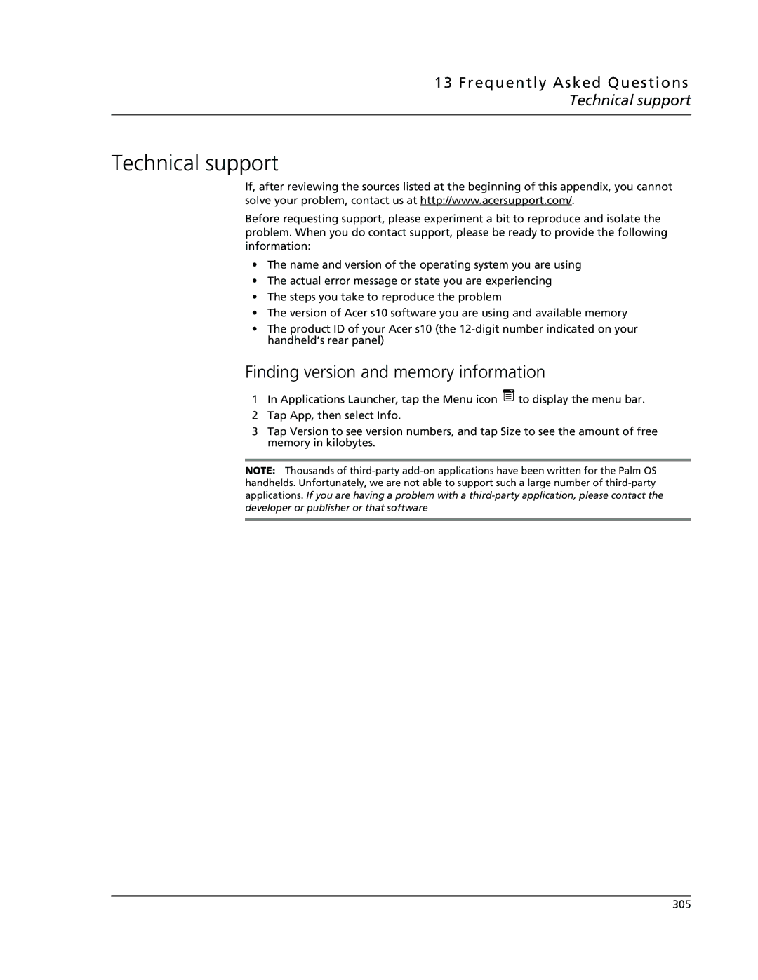 Acer s10 manual Technical support, Finding version and memory information 