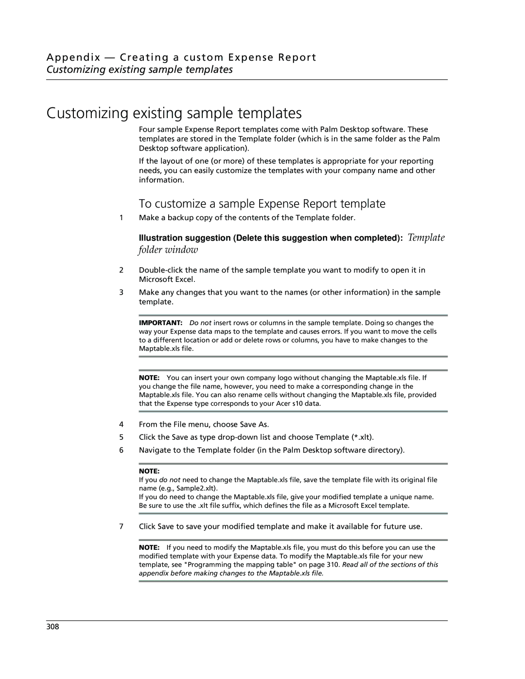 Acer s10 manual Customizing existing sample templates, To customize a sample Expense Report template 