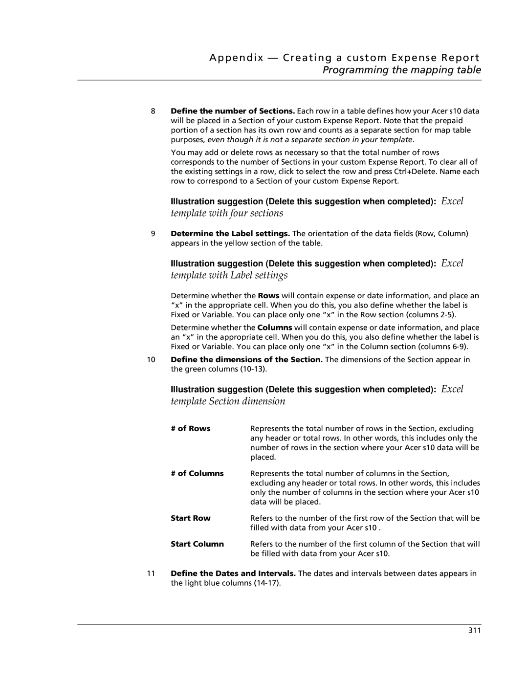 Acer s10 manual # of Rows, Start Row, Start Column 