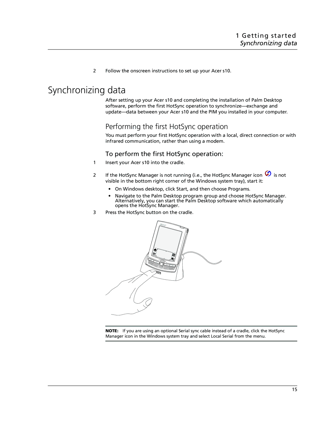 Acer s10 manual Performing the first HotSync operation, Getting started Synchronizing data 