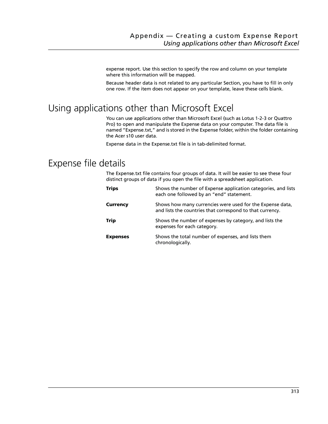 Acer s10 manual Using applications other than Microsoft Excel, Expense file details, Trips, Expenses 