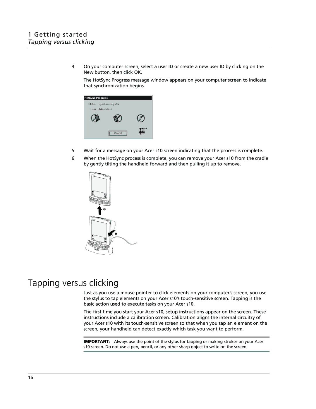 Acer s10 manual Getting started Tapping versus clicking 