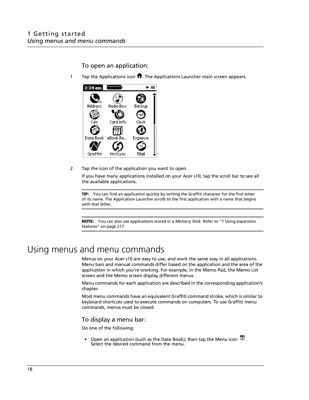 Acer s10 manual Using menus and menu commands, To open an application, To display a menu bar 