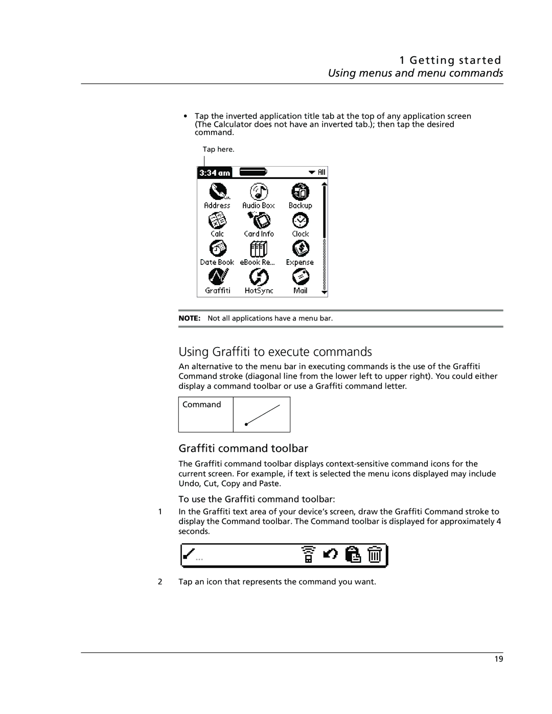 Acer s10 manual Using Graffiti to execute commands, Getting started Using menus and menu commands, Graffiti command toolbar 