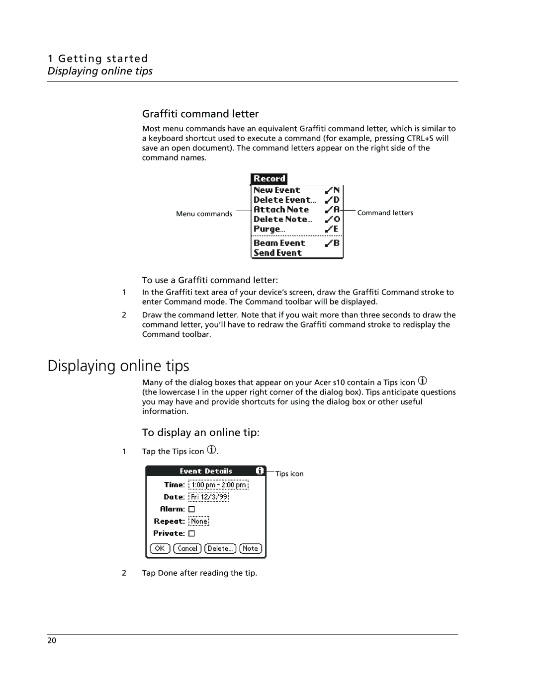 Acer s10 manual Displaying online tips, To display an online tip, To use a Graffiti command letter 