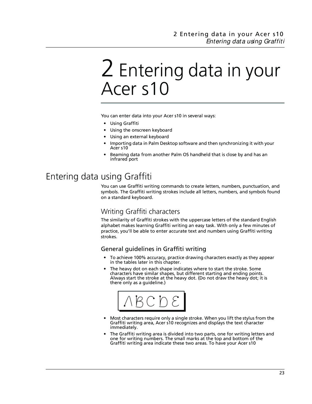 Acer s10 manual Entering data using Graffiti, Writing Graffiti characters, General guidelines in Graffiti writing 