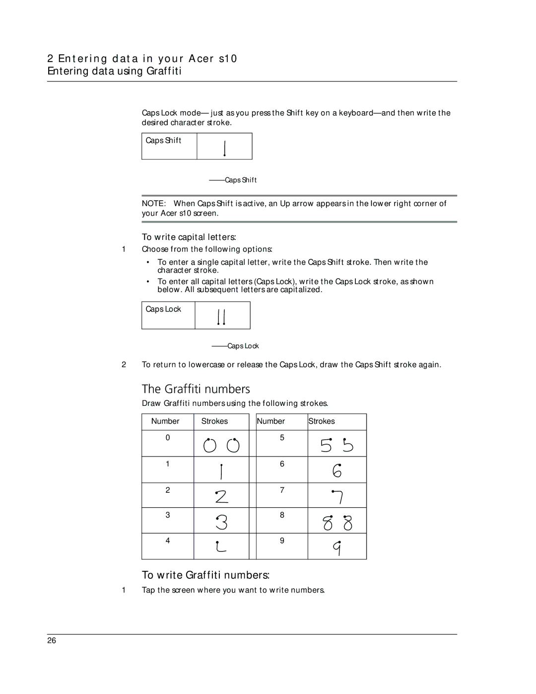 Acer s10 manual To write Graffiti numbers, To write capital letters, Number Strokes 