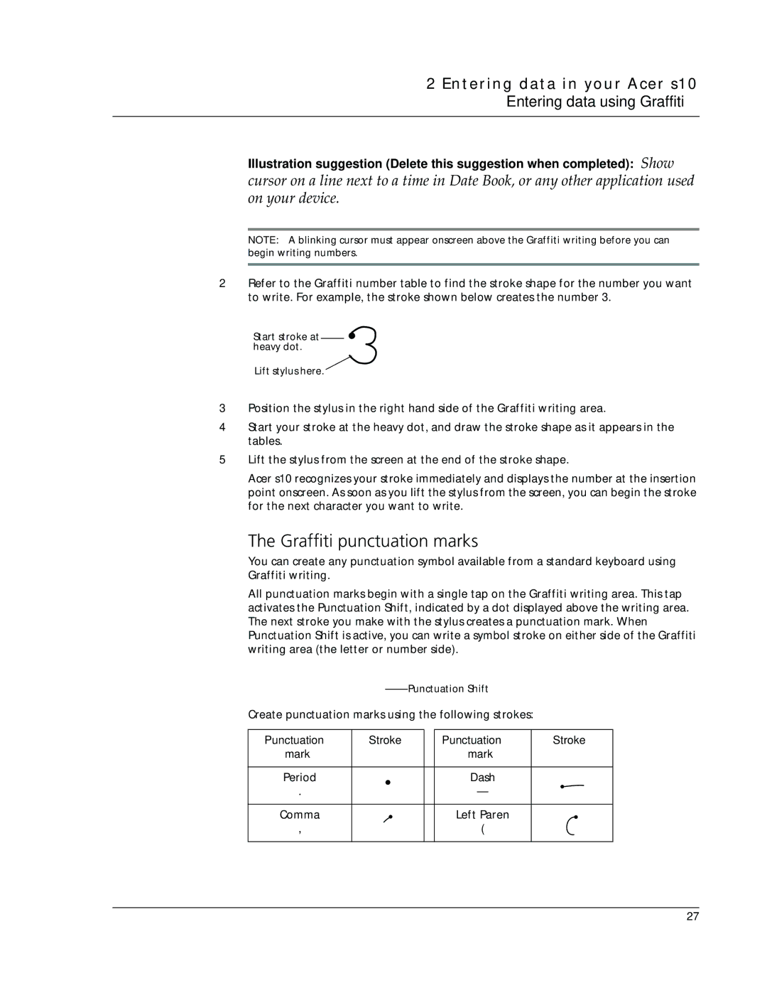 Acer s10 manual Graffiti punctuation marks, Punctuation Stroke Mark Period, Left Paren 