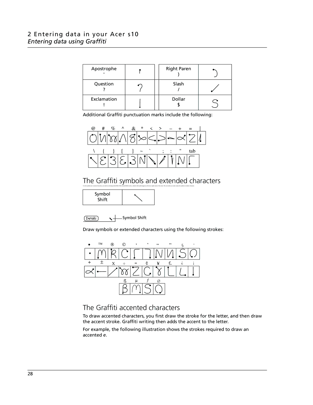 Acer s10 manual Graffiti symbols and extended characters, Graffiti accented characters 