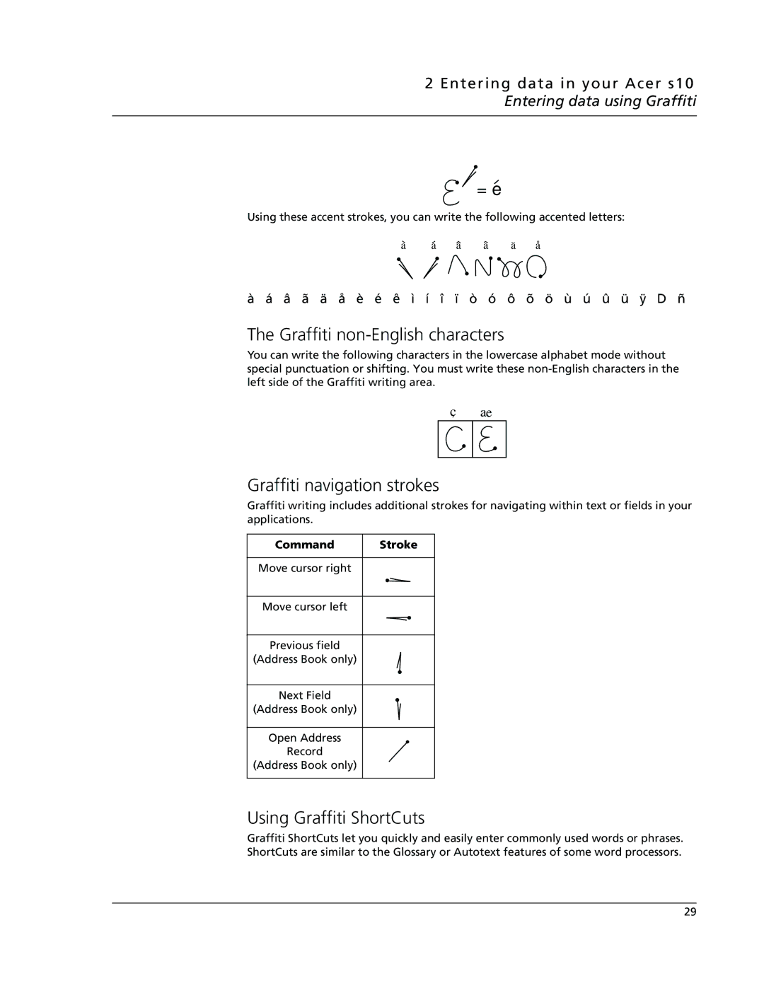 Acer s10 manual Graffiti non-English characters, Graffiti navigation strokes, Using Graffiti ShortCuts, Command Stroke 