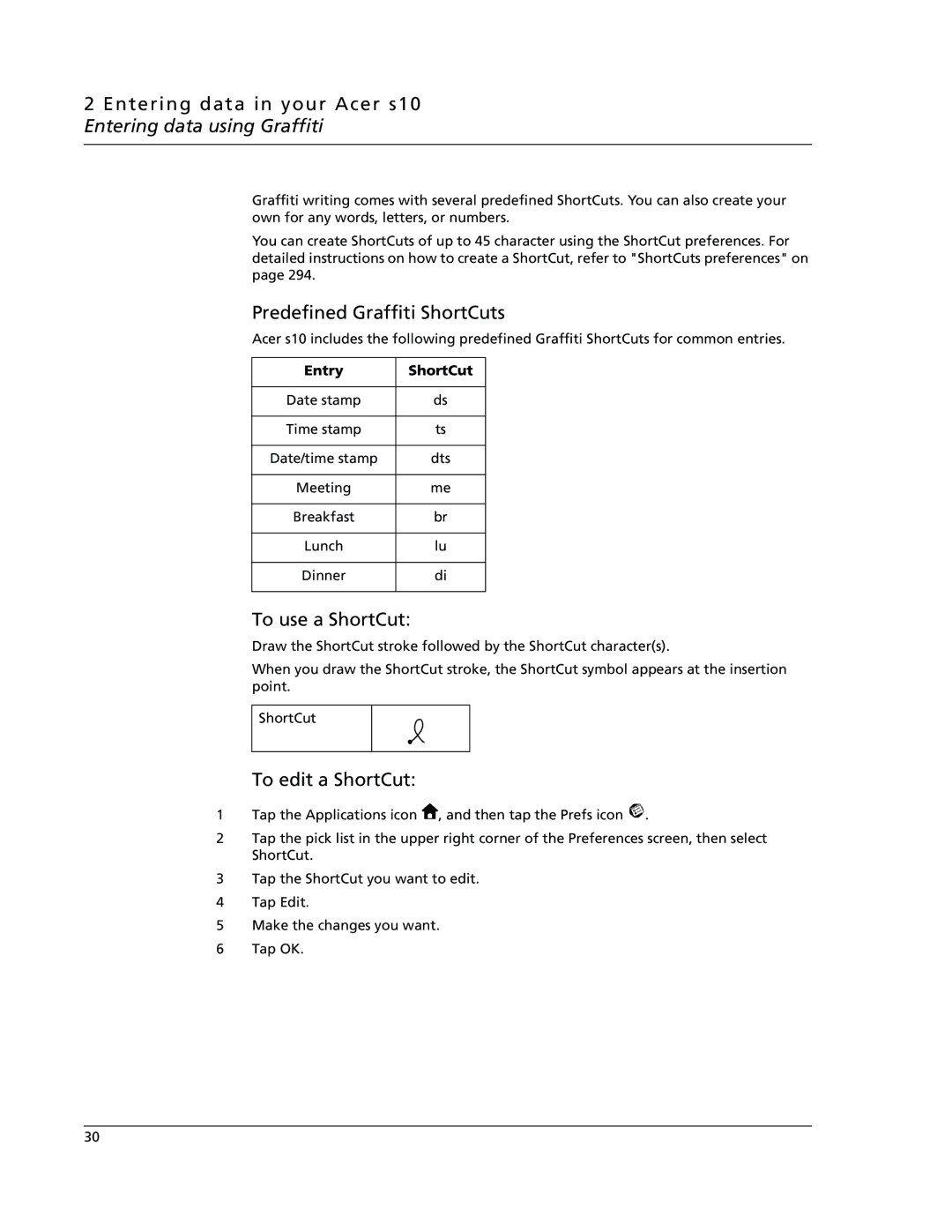 Acer s10 manual Predefined Graffiti ShortCuts, To use a ShortCut, To edit a ShortCut, Entry ShortCut 