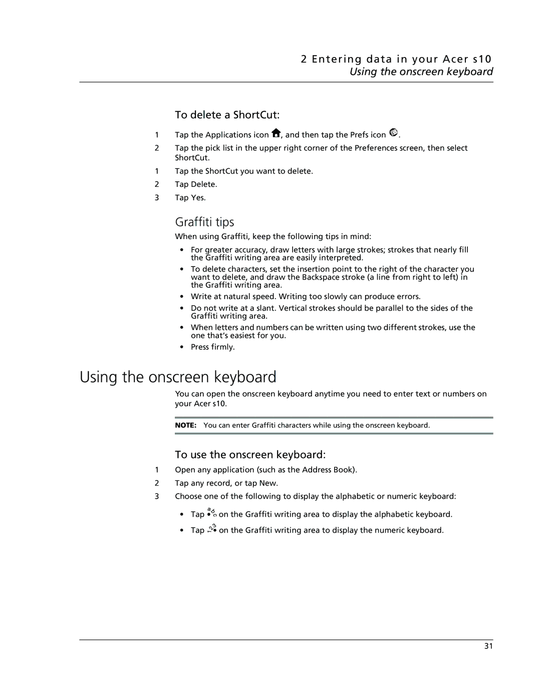 Acer s10 manual Using the onscreen keyboard, Graffiti tips, To use the onscreen keyboard 