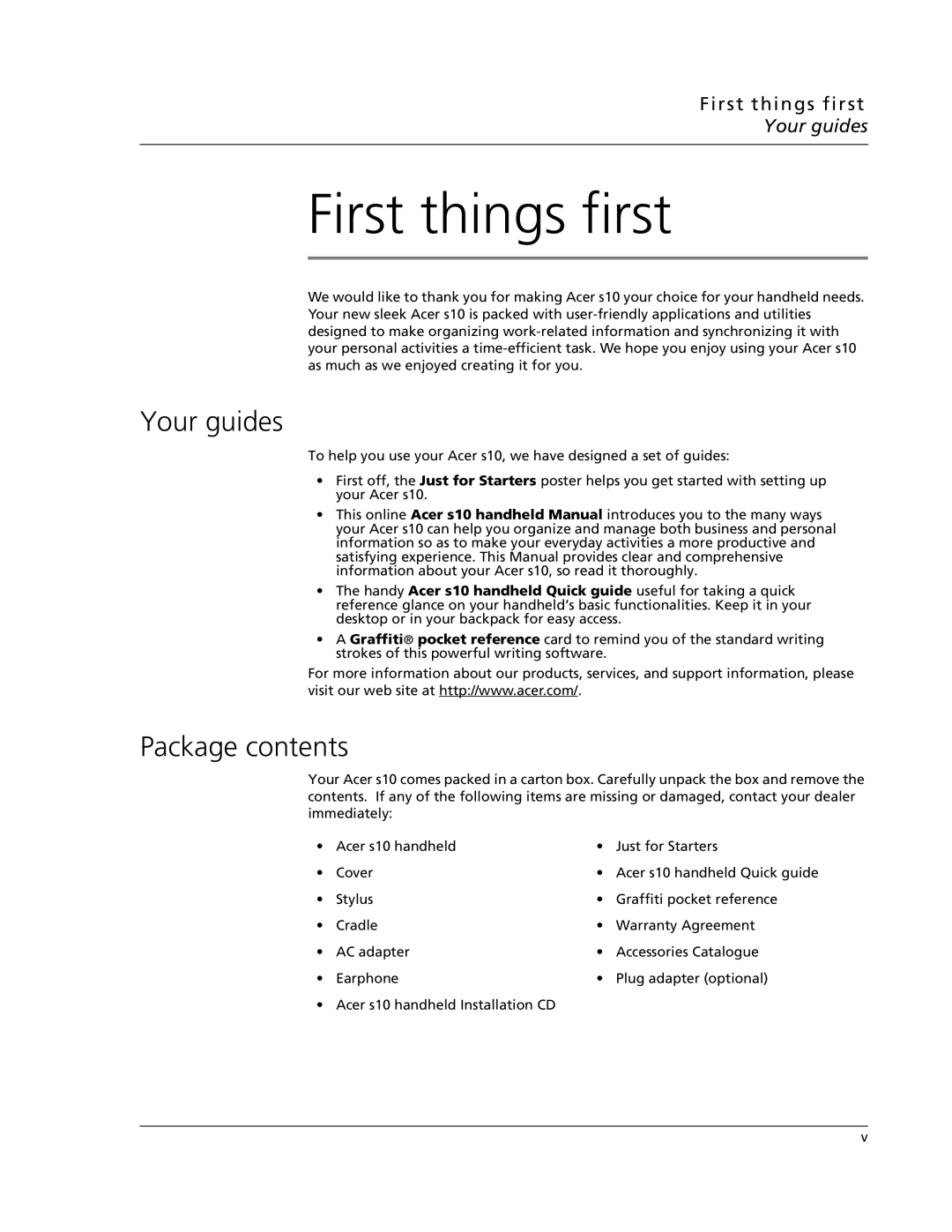 Acer s10 manual Your guides, Package contents 