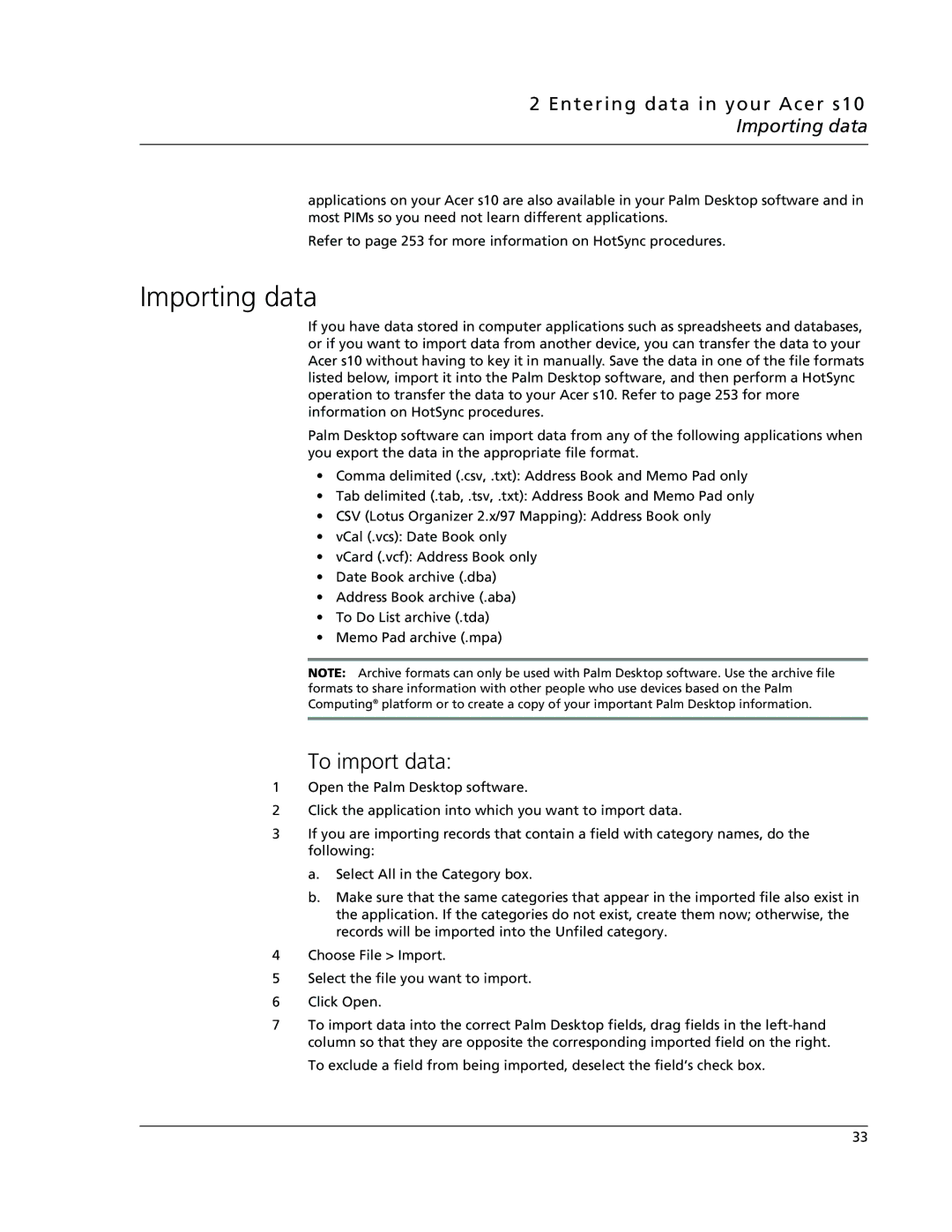 Acer manual To import data, Entering data in your Acer s10 Importing data 