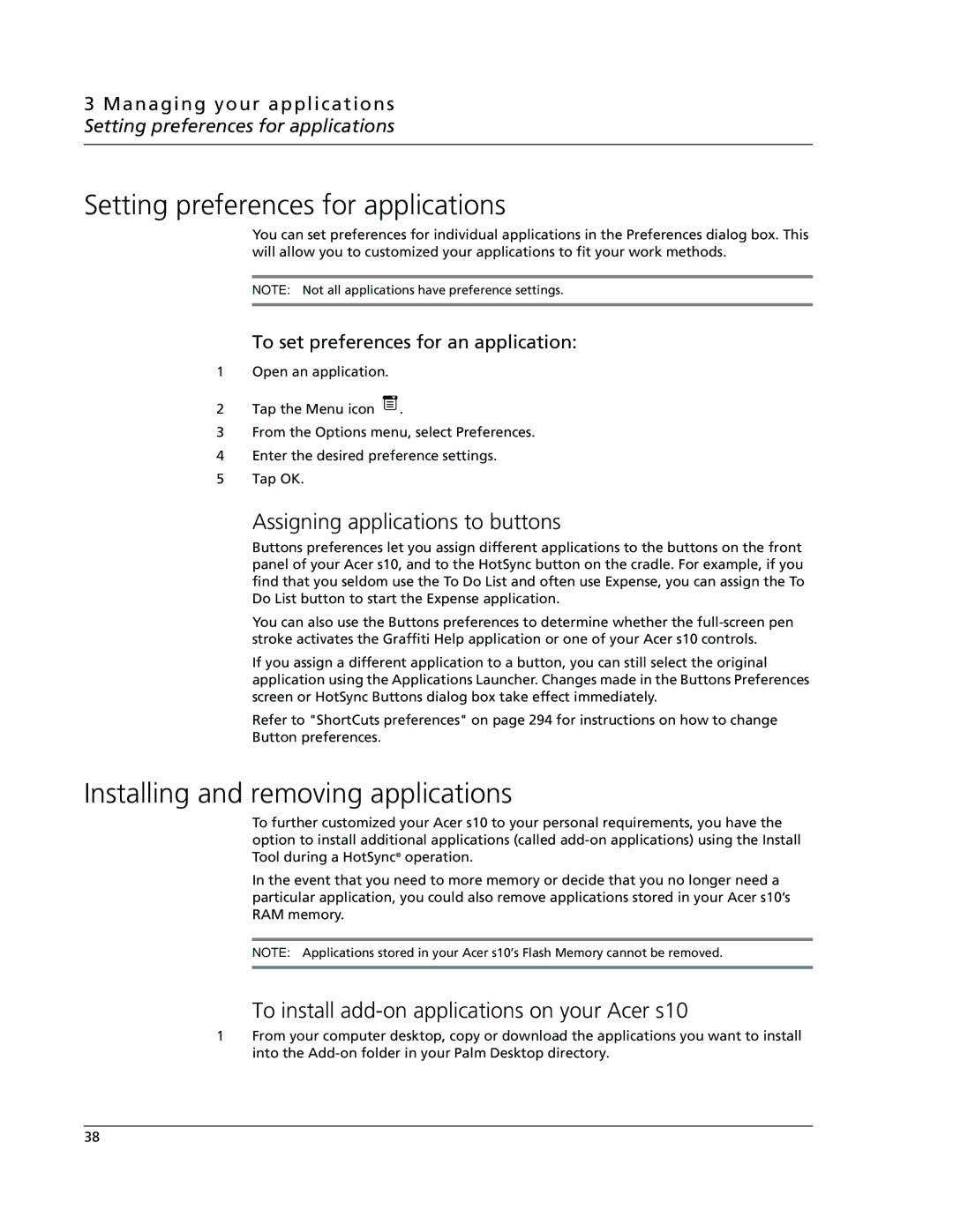 Acer s10 Setting preferences for applications, Installing and removing applications, Assigning applications to buttons 