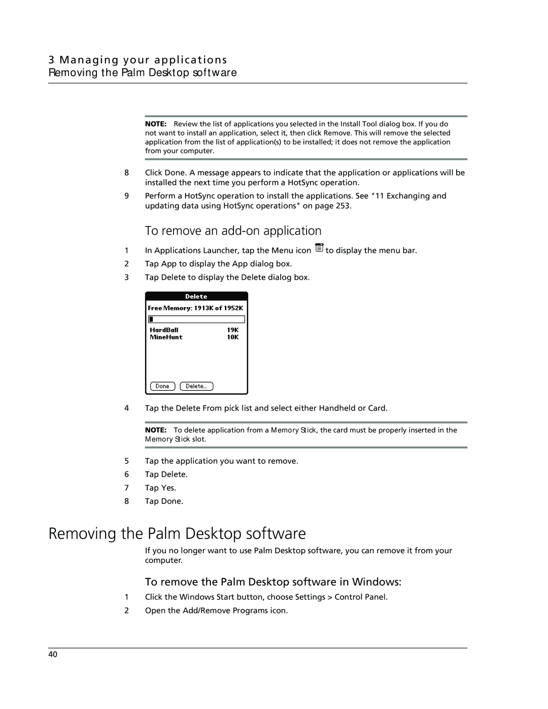 Acer s10 manual Removing the Palm Desktop software, To remove an add-on application 