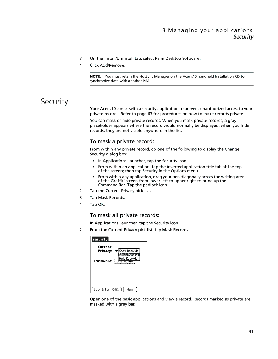 Acer s10 manual Managing your applications Security, To mask a private record, To mask all private records 