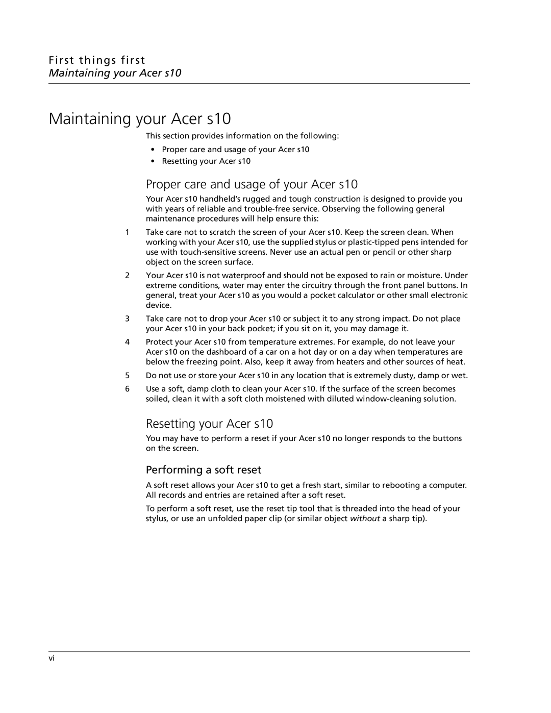 Acer manual Maintaining your Acer s10, Proper care and usage of your Acer s10, Resetting your Acer s10 